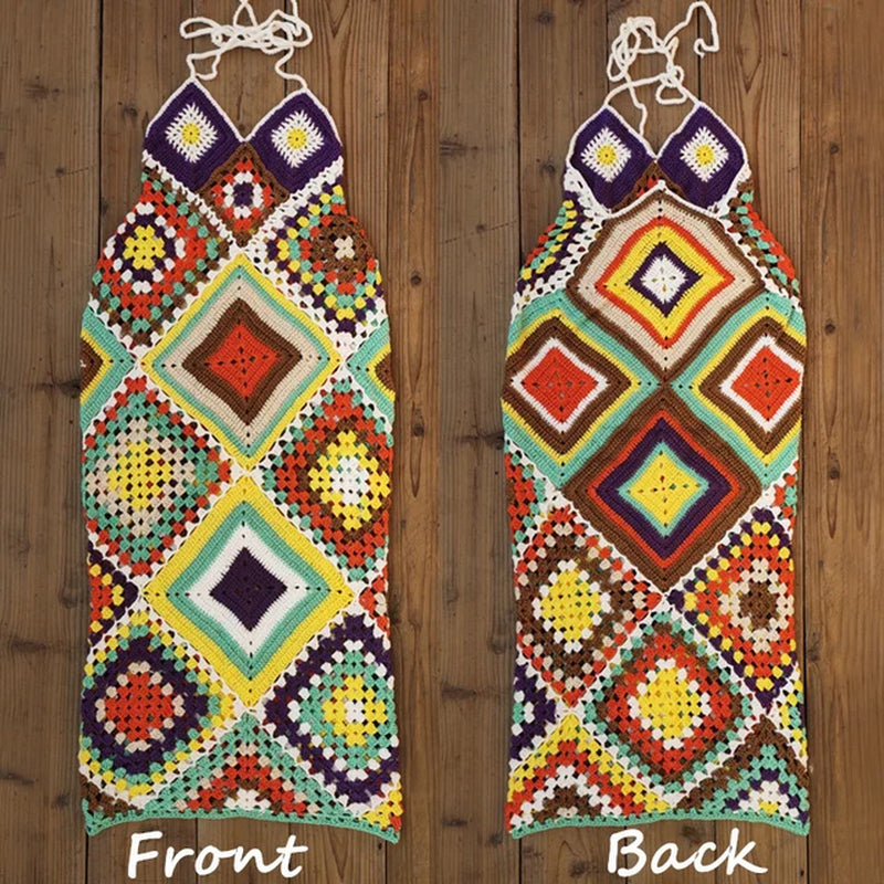 Sifreyr Handmade Crochet Knitted Maxi Dress Women Summer Halter Backless Beachwear Sundress Bohemian Multi Color Wedding Dress