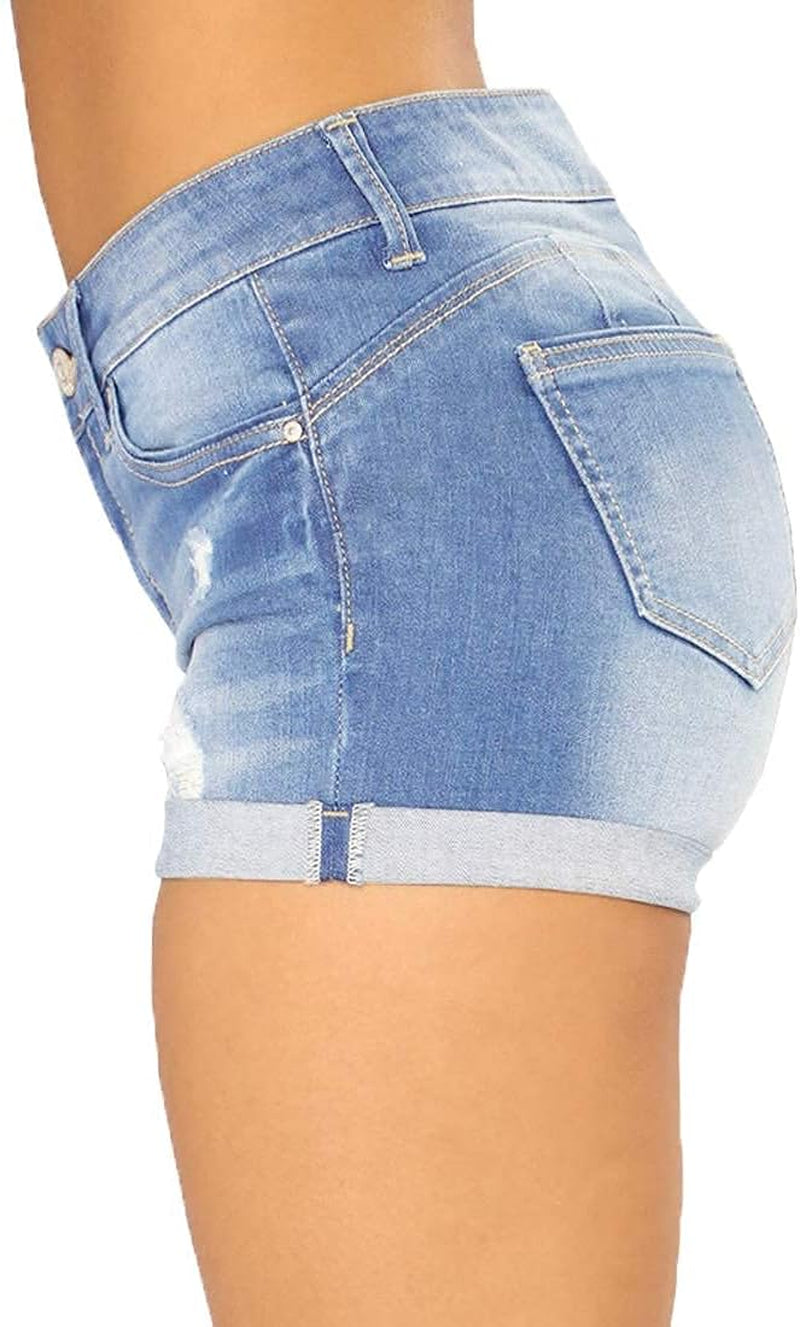 Women Denim Shorts Juniors Shorts Casual Summer Mid Waist Stretchy Jeans Shorts Body Enhancing Denim Shorts