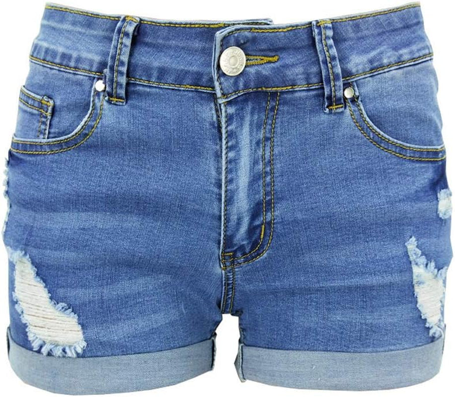 Women Denim Shorts Juniors Shorts Casual Summer Mid Waist Stretchy Jeans Shorts Body Enhancing Denim Shorts