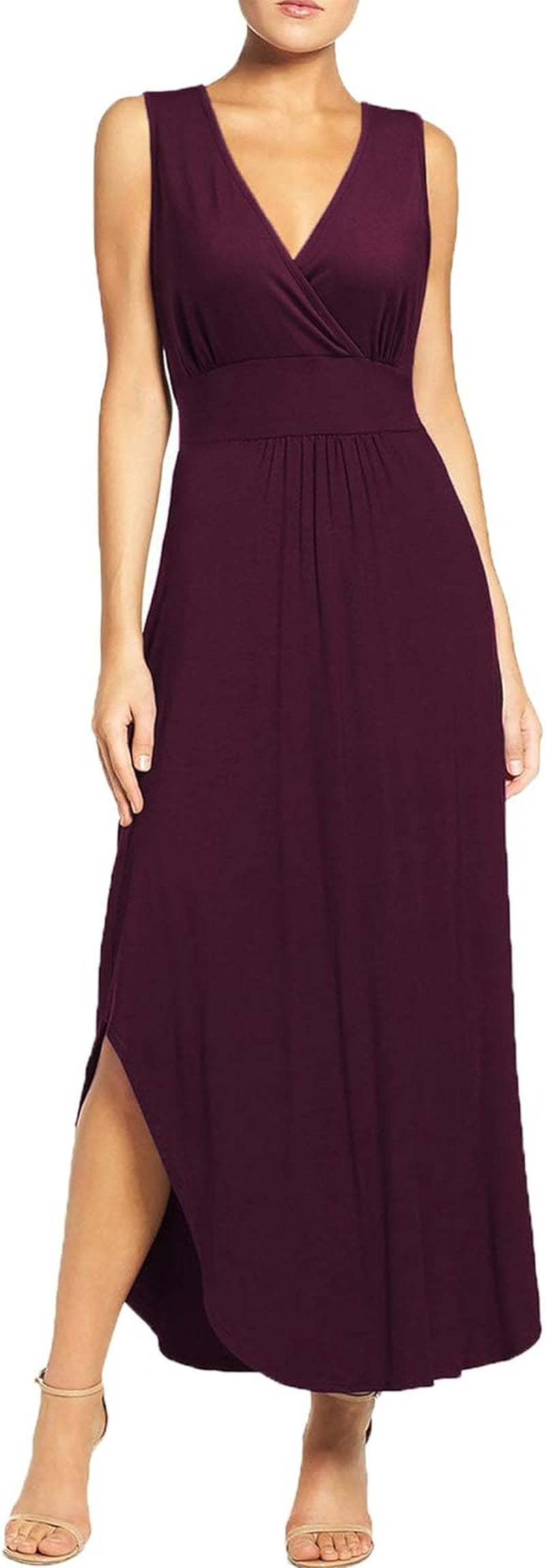 Women Sleeveless Deep V Neck Pocket Loose Long Dress Split Maxi Casual Dresses