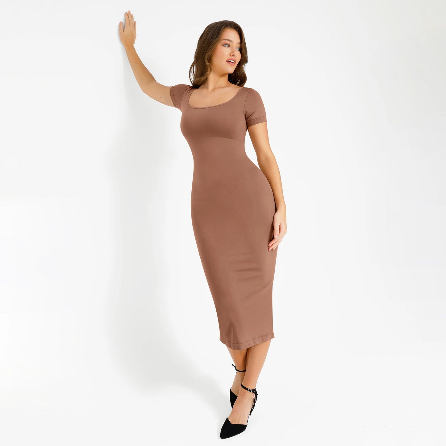 Shapwear Short Sleeve Dress Built in Bra for Women Long Dress Seamless Bodycon Dress Tummy Control Butt Lifter Push Up