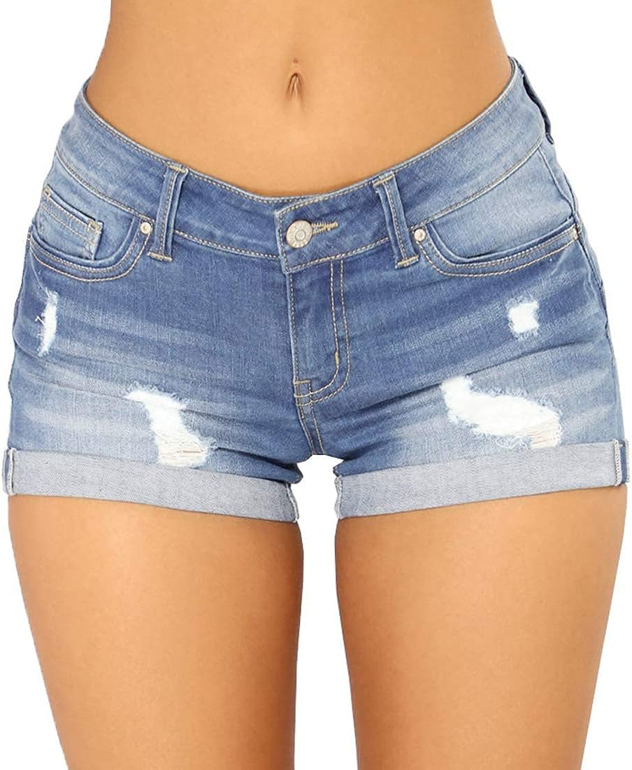 Women Denim Shorts Juniors Shorts Casual Summer Mid Waist Stretchy Jeans Shorts Body Enhancing Denim Shorts