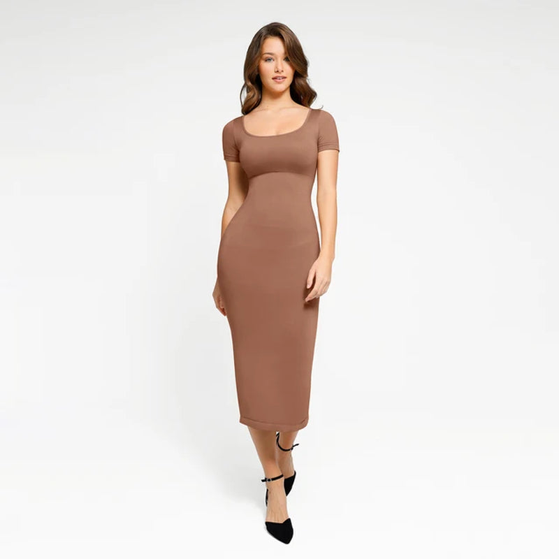 Shapwear Short Sleeve Dress Built in Bra for Women Long Dress Seamless Bodycon Dress Tummy Control Butt Lifter Push Up