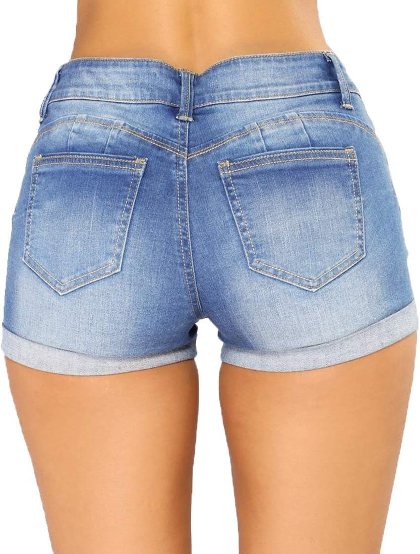 Women Denim Shorts Juniors Shorts Casual Summer Mid Waist Stretchy Jeans Shorts Body Enhancing Denim Shorts