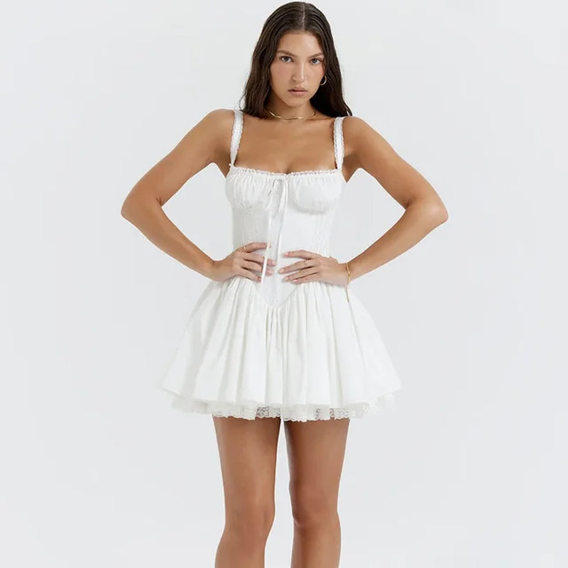 Summer Spaghetti Strap Dresses for Women 2023 Sexy a Line White Dress Mini Lace up Holiday Party Dress High Quality